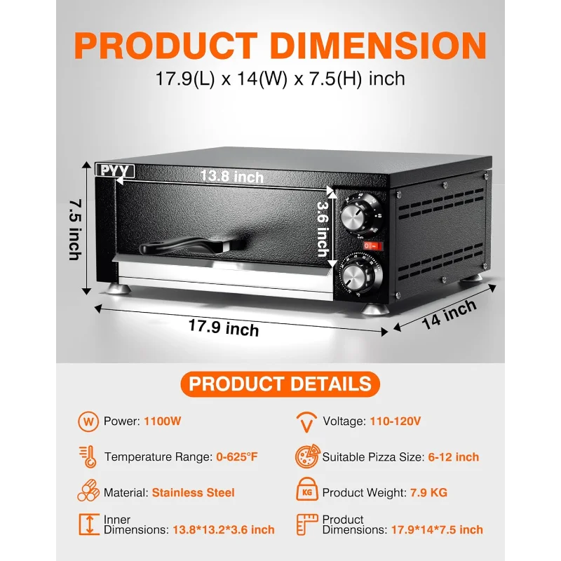 PYY Electric Pizza Oven Indoor Countertop Pizza Oven Commercial Pizza Maker Machine for Home with Timer Stainless Steel