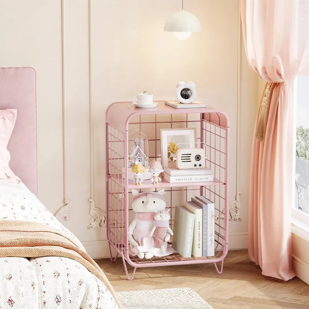 Metal Side Table,Cute Pink Nightstand,3 Tier End Table with Storage