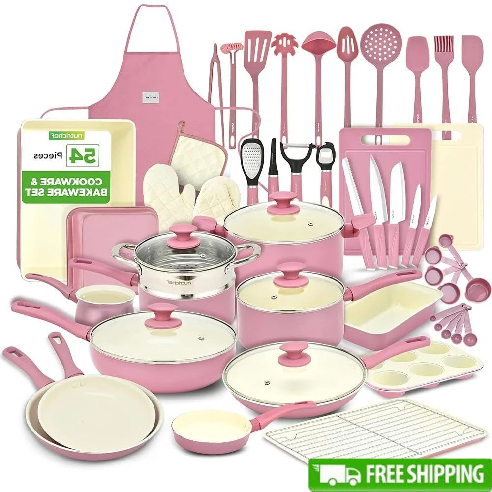 Complete Kitchen Cookware Set Non Stick Ceramic Pots Pans Utensils Bakeware Knife Cutting Boards All Cooktops