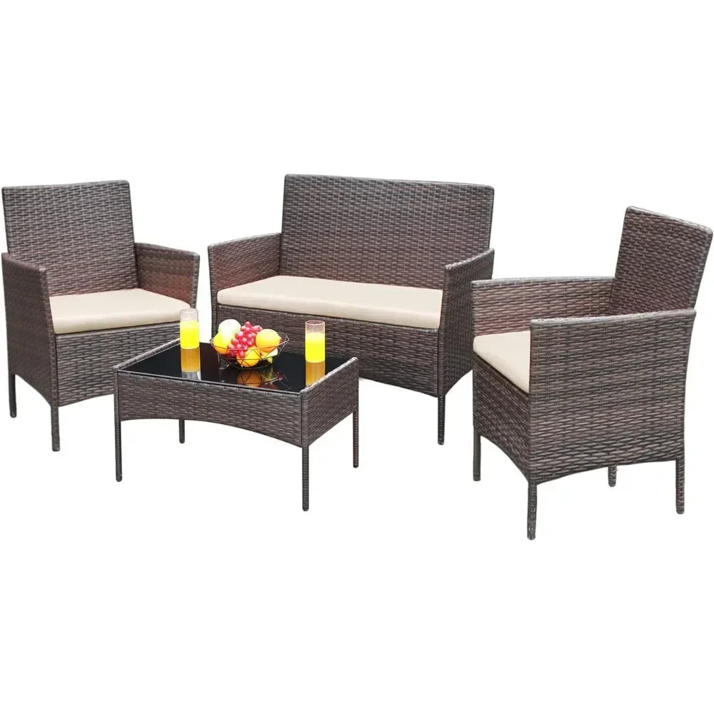 Outdoor Sofa Set of 4 with Soft Cushion and Glass Table, Patio Furniture