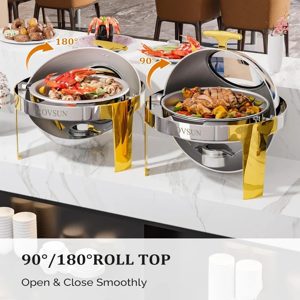 Chafing Dish Buffet Set Gold Accent,6 Quart Round Stainless Steel Chafer, Buffet Servers and Warmers