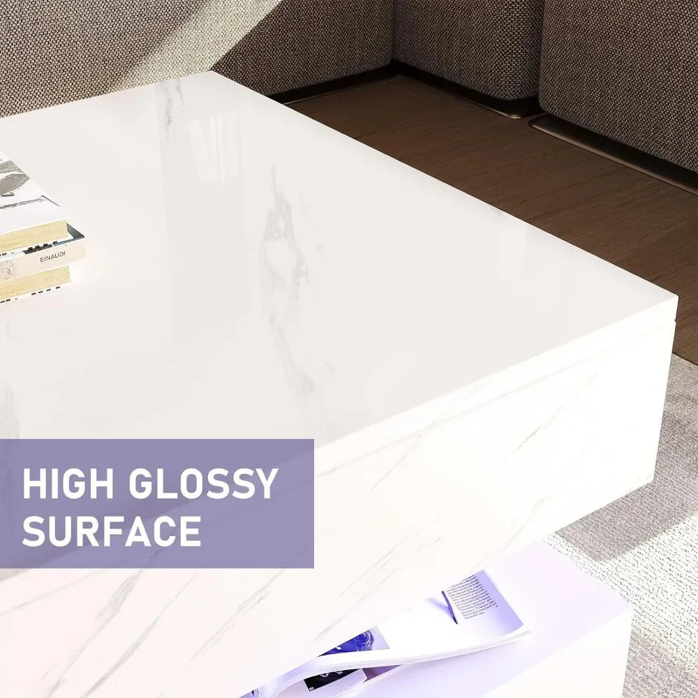 LED Coffee Table with 2 Storage Drawers, High Gloss White Coffee Tables