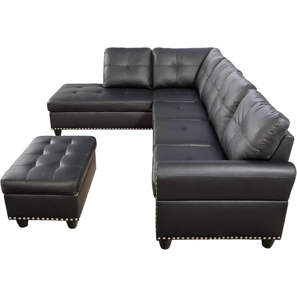 L Shaped Sofa with Ottoman Modern Nail-Head Design PU Leather Sectional Couches with Chaise, Cup Holder for Living Room, Bedroom