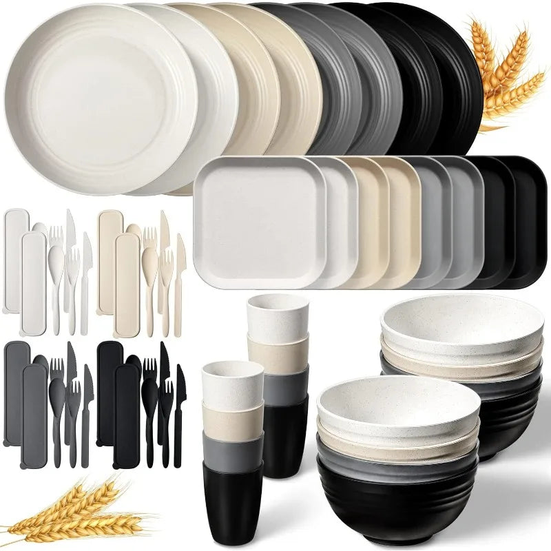Wheat Straw Dinnerware Sets Unbreakable Plates and Bowls Microwave Safe Plastic Lightweight Knives Forks Spoons for Kitchen
