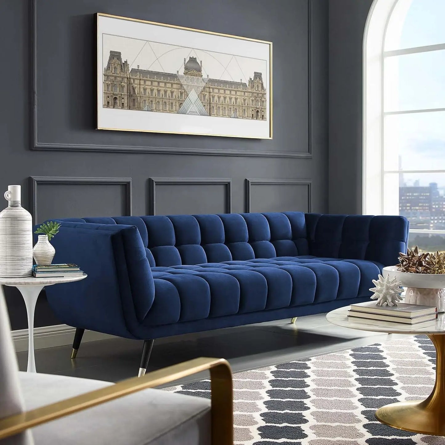 Adept Contemporary Mid-Century Modern Performance Velvet Upholstered Tufted Sofa in Ivory