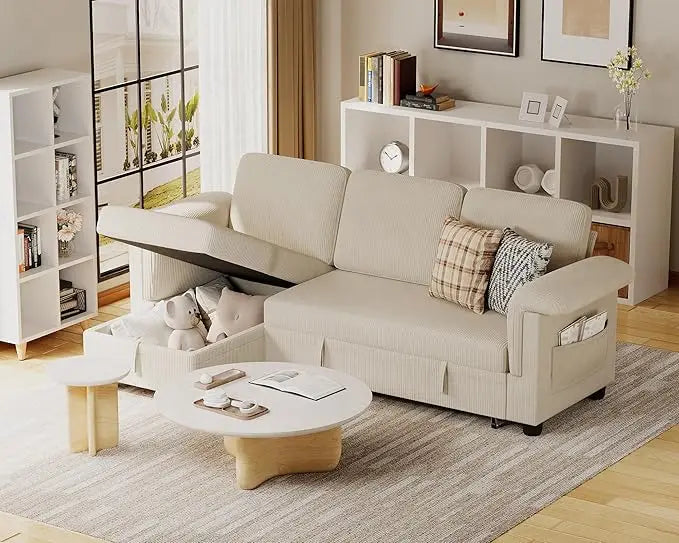 Sleeper Sofa L-Shaped Pull Out Sofa Bed with Storage Space Convertible Sectional Couches for Living Room/Bedroom/Office/