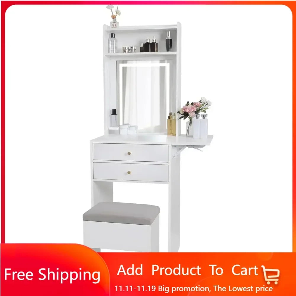 Vanity Desk Set with Adjustable Lighted Mirror and Storage Chair, Makeup Vanity Table for Small Space