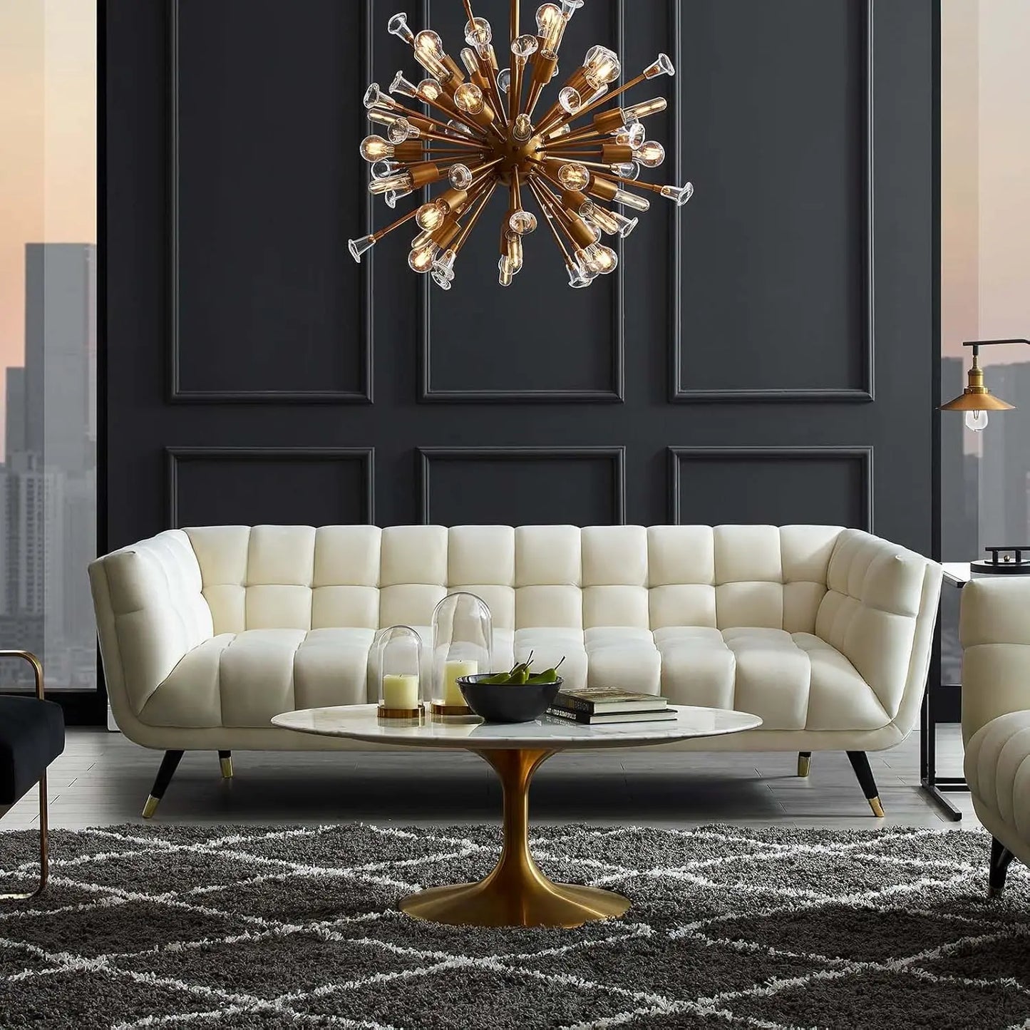 Adept Contemporary Mid-Century Modern Performance Velvet Upholstered Tufted Sofa in Ivory