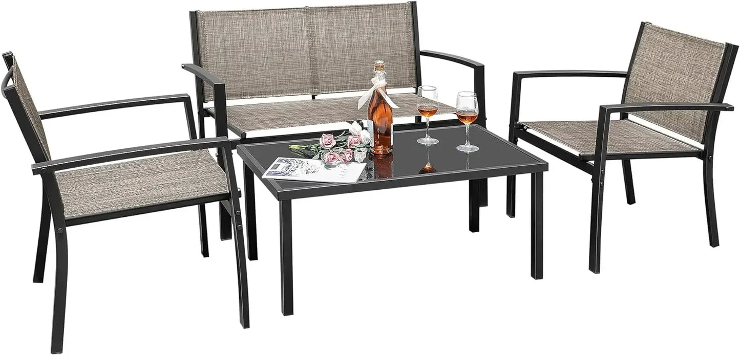 4 Pieces Outdoor Patio Furniture Modern Conversation Black Bistro Set with Loveseat Tea Table for Home, Lawn and Balcony