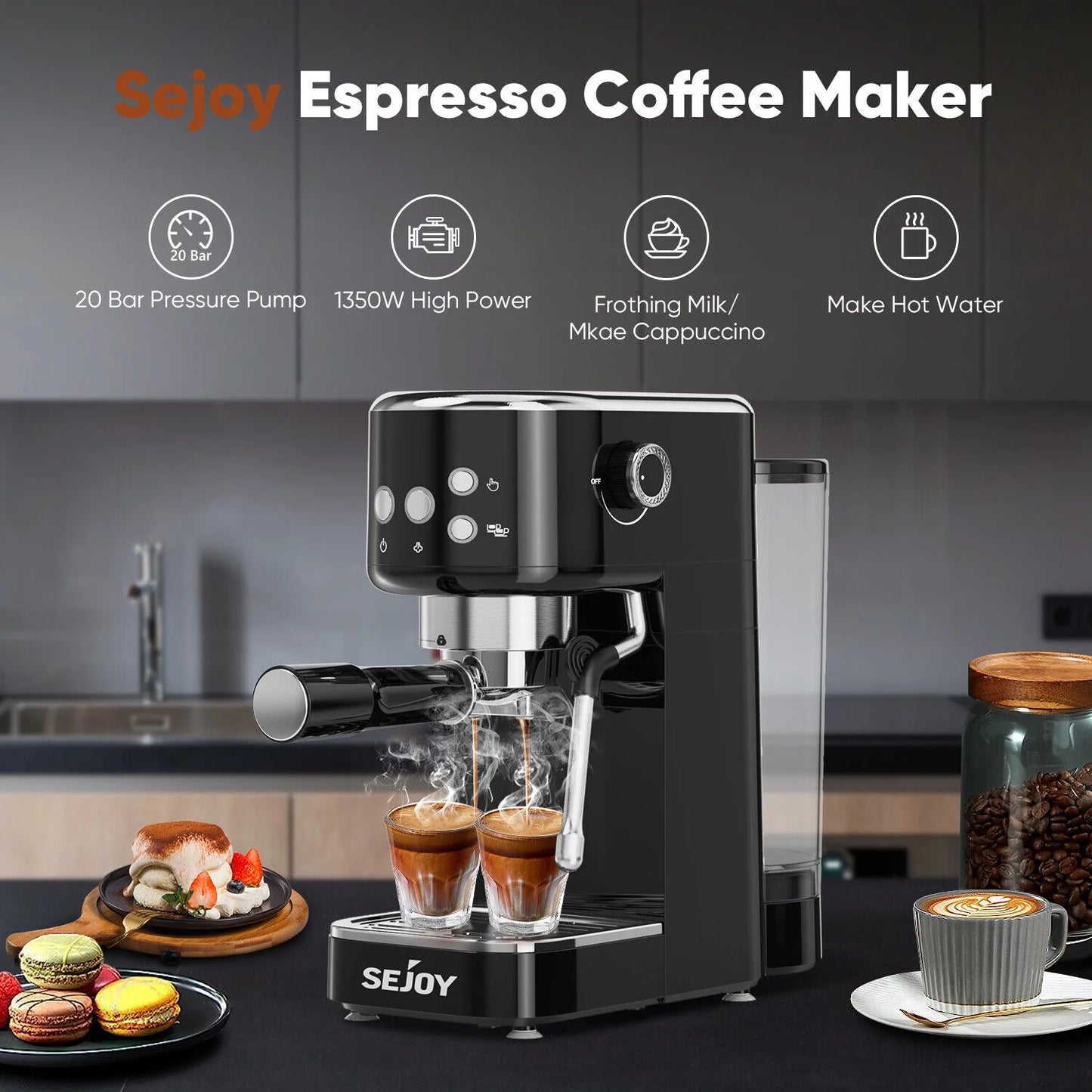 Espresso Machine, Professional Espresso Maker with Milk Frother Steam Wand, Compact Espresso Coffee Machine