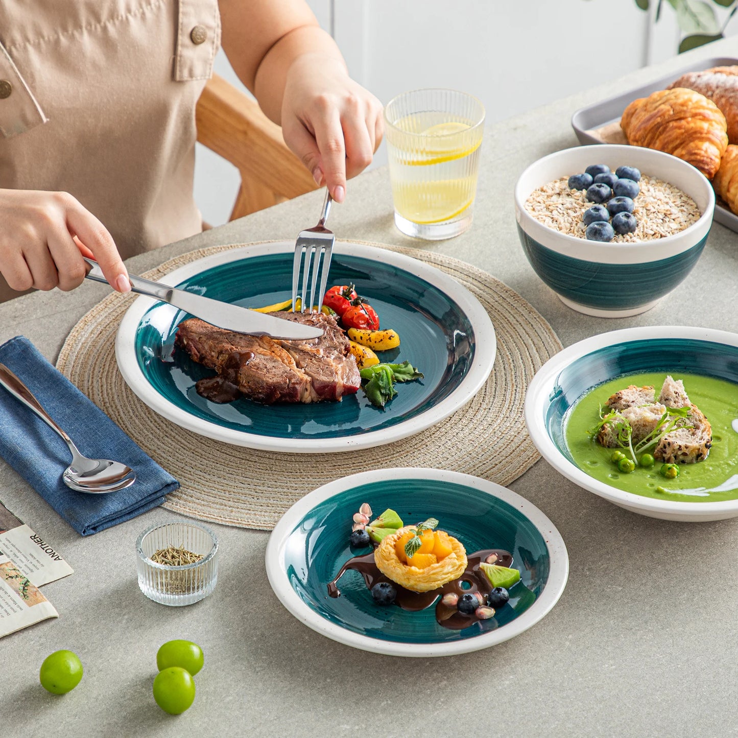 Green Color Stoneware Tableware Set with Dinner/Dessert Plate Cereal/Pasta Bowl