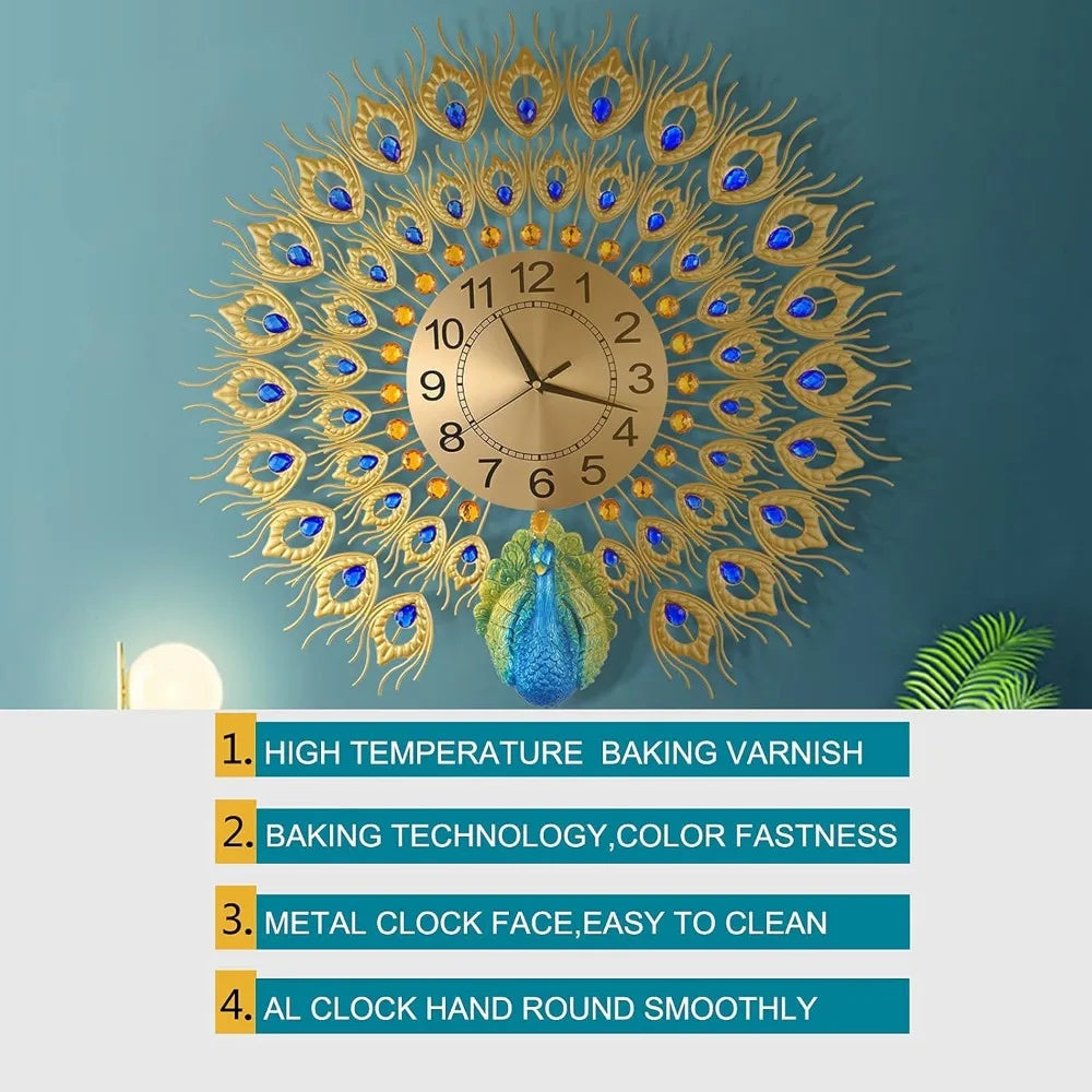 Large Peacock Wall Clock Non-Ticking Silent Crystal Creative Personality Modern Art Decorative Wall Clocks for Living Room Decor