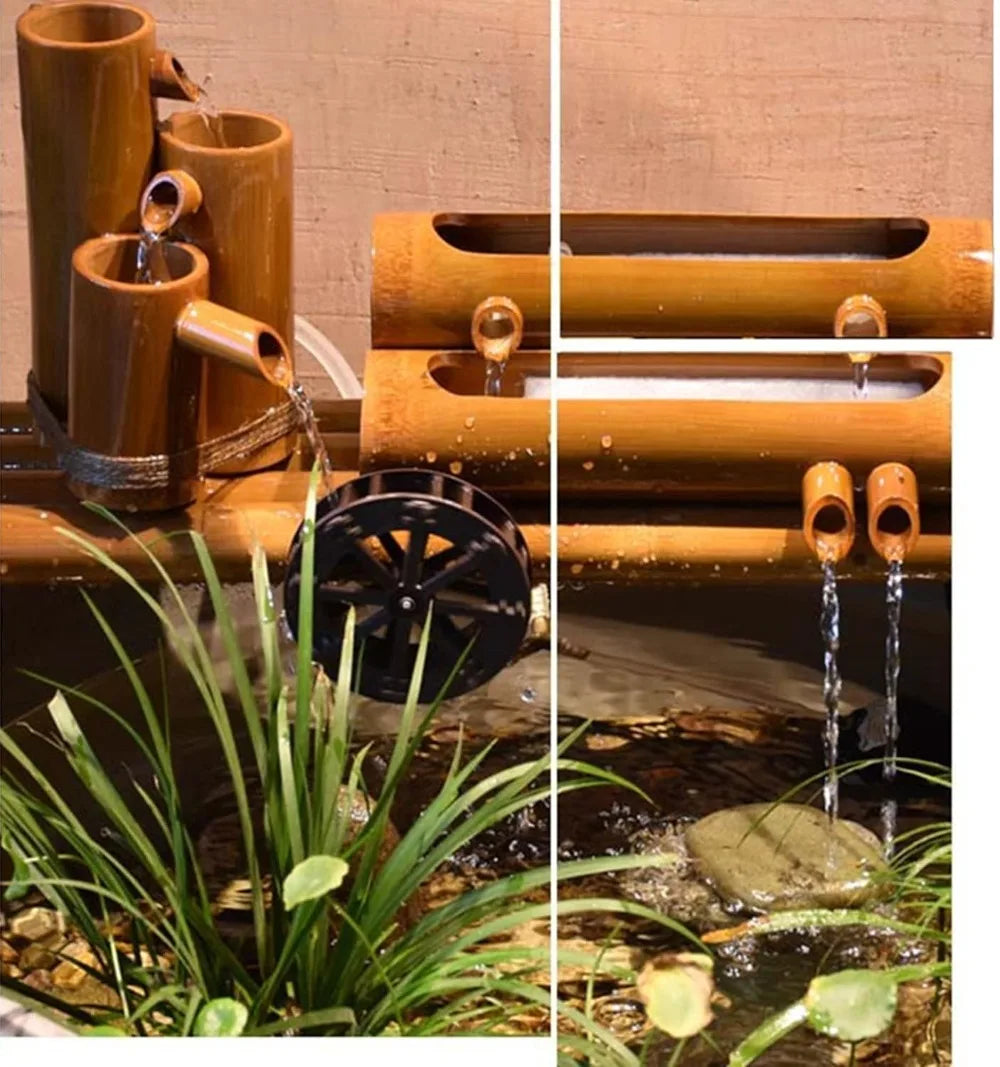 Bamboo Fountain Kit with Water Pump and Solar Fountain, Water Wheel, Feng Shui Zen, 12 Inch