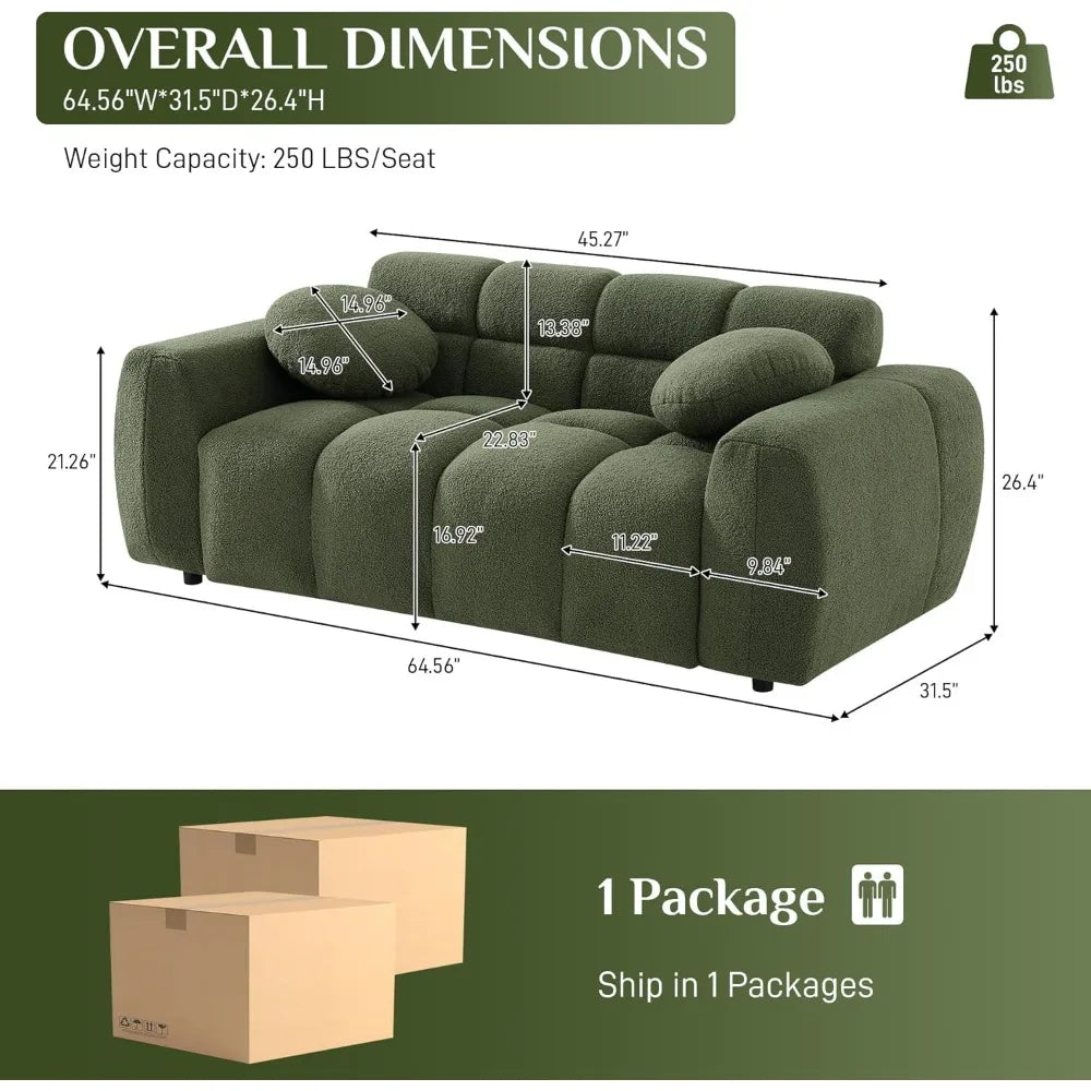 Tufted Upholstered Teddy 2 Seater Loveseat Sofa with 2 Pillows, Cozy Sherpa Deep Seat Cloud Couch