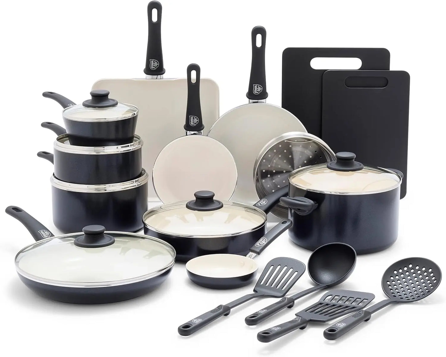 23 Piece Kitchen Cookware Pots and Frying Saucepans Set, Healthy Ceramic Nonstick PFAS and PFOA-Free, Dishwasher