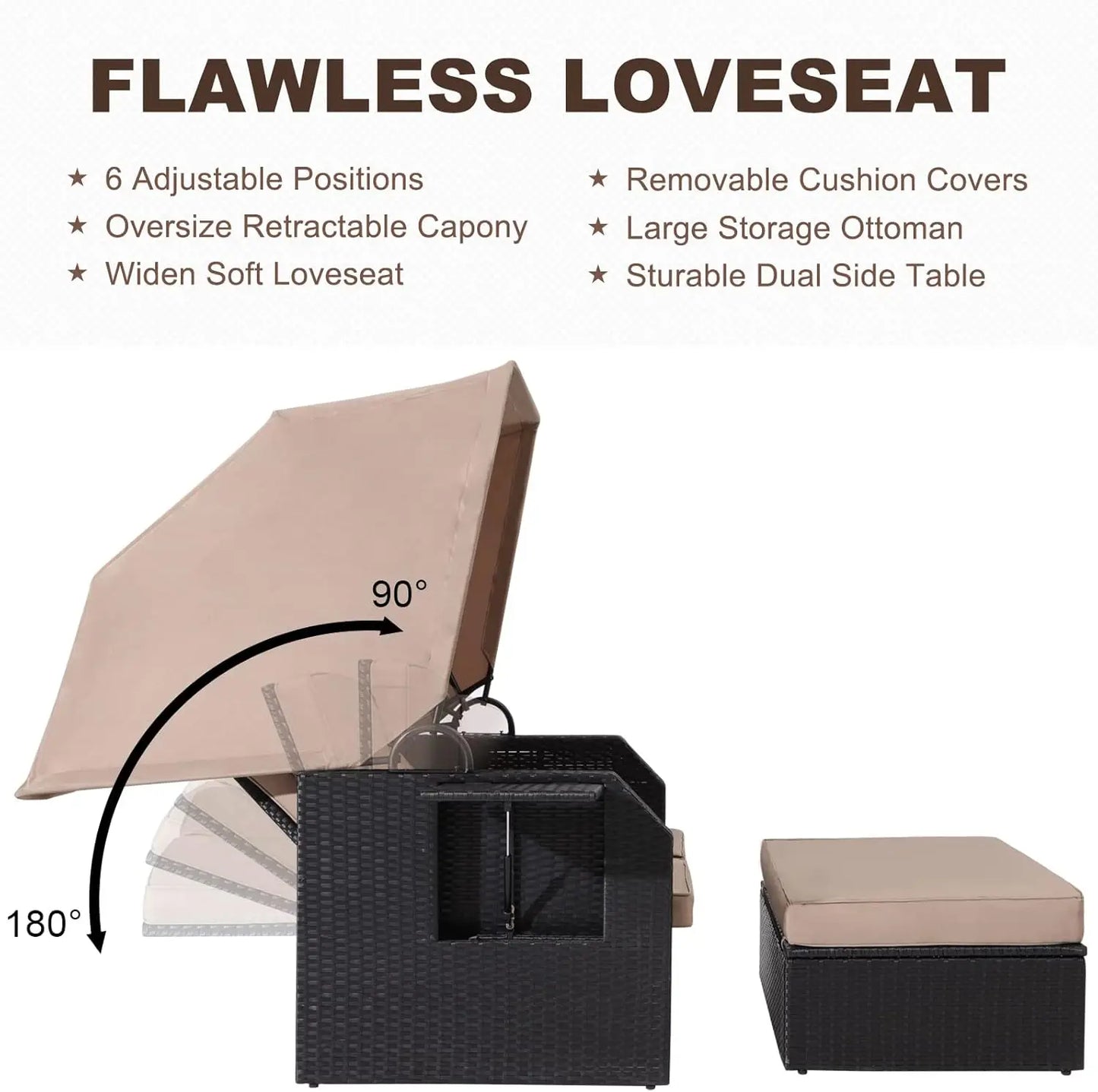 Lvuyoyo Patio Wicker Furniture Set - Outdoor Rattan Sofa Set With Retractable Canopy, Side Table,
