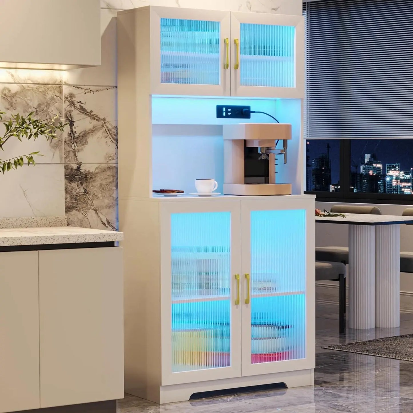 Storage Cabinet with LED Lights, Tall Bookcase Modern Bookshelf White Display Curio Cabinet with 2 Doors and 5-Tier Shelves