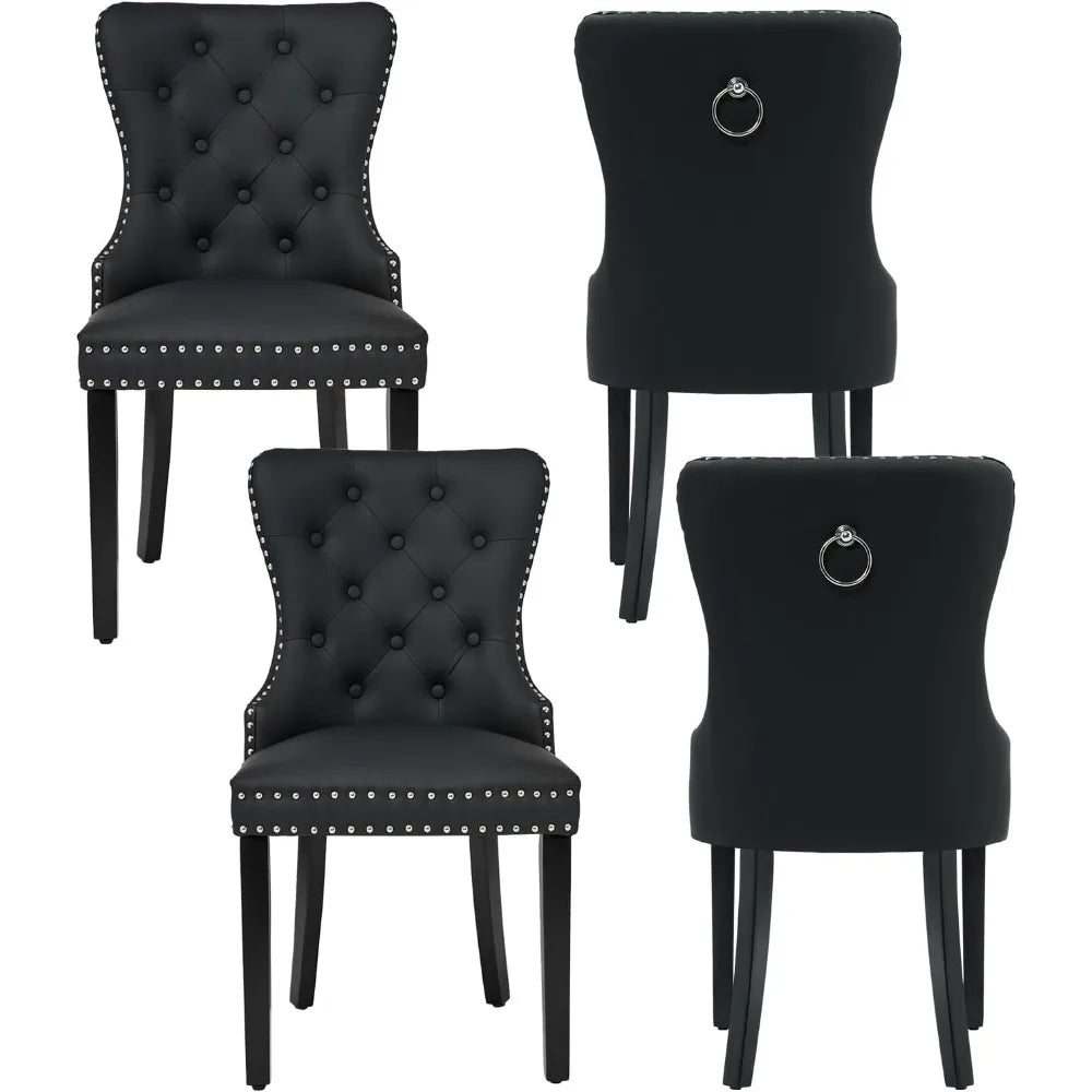 PU Leather Dining Chairs Set of 4, Tufted Upholstered Dining Room Chair with Solid Wood Legs and Pull Ring, Black