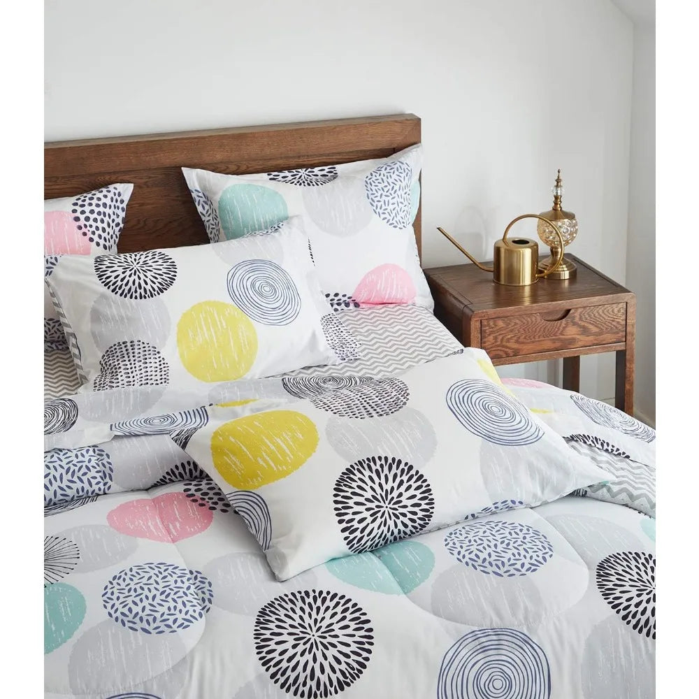Comforter Sheet Set Queen Size Bed in a Bag - Colorful Dots Style - Soft Microfiber, Spring Soft Duvet Cover Set