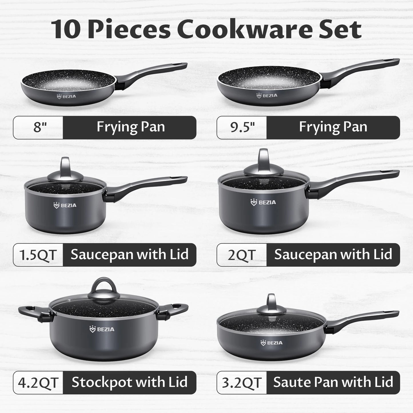 Induction Cookware Pots and Pans Set 10 Piece, BEZIA Dishwasher Safe Nonstick Cooking Pans