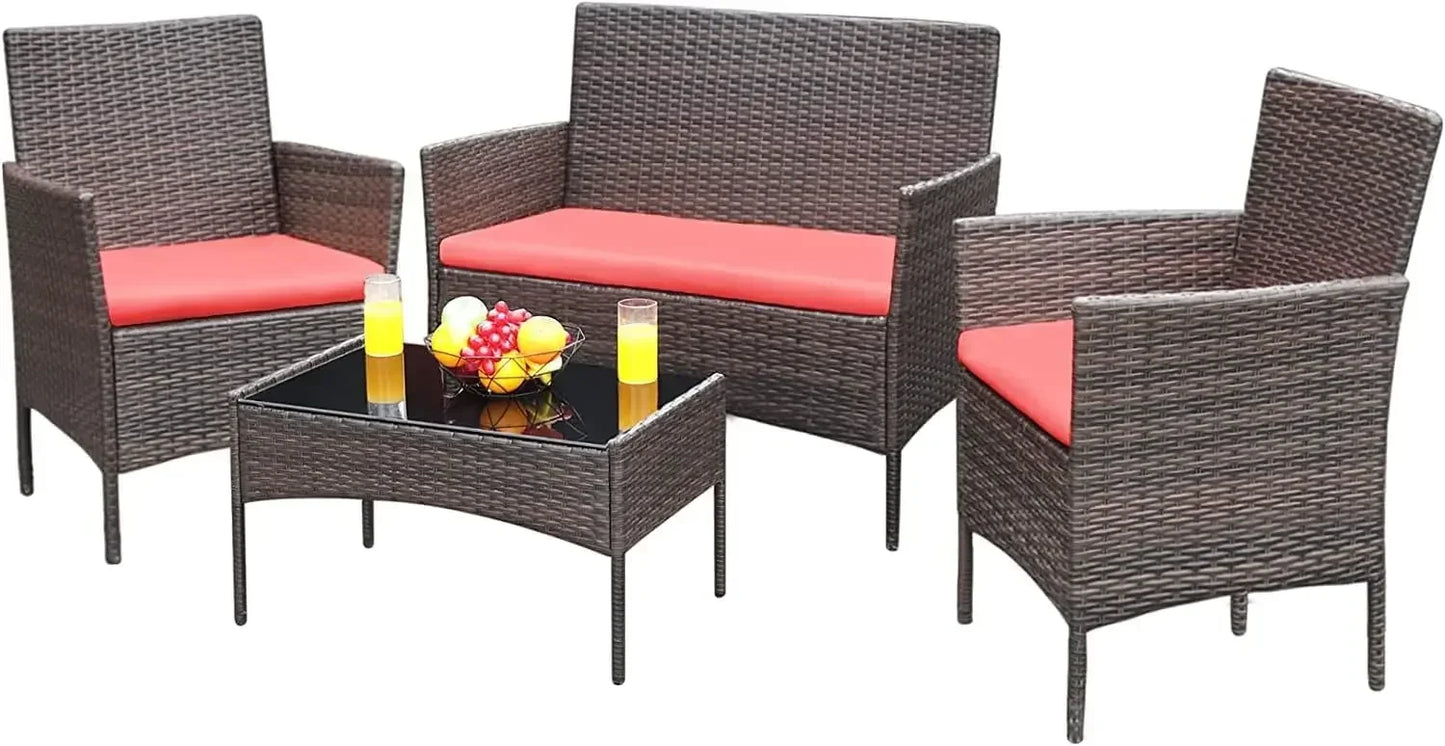 Outdoor Sofa Set of 4 with Soft Cushion and Glass Table, Patio Furniture