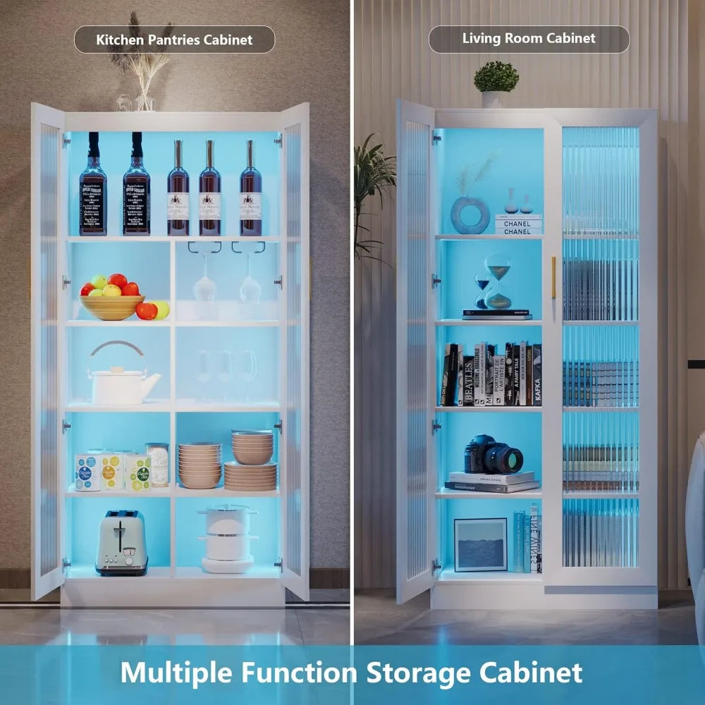 Storage Cabinet with LED Lights, Tall Bookcase Modern Bookshelf White Display Curio Cabinet with 2 Doors and 5-Tier Shelves