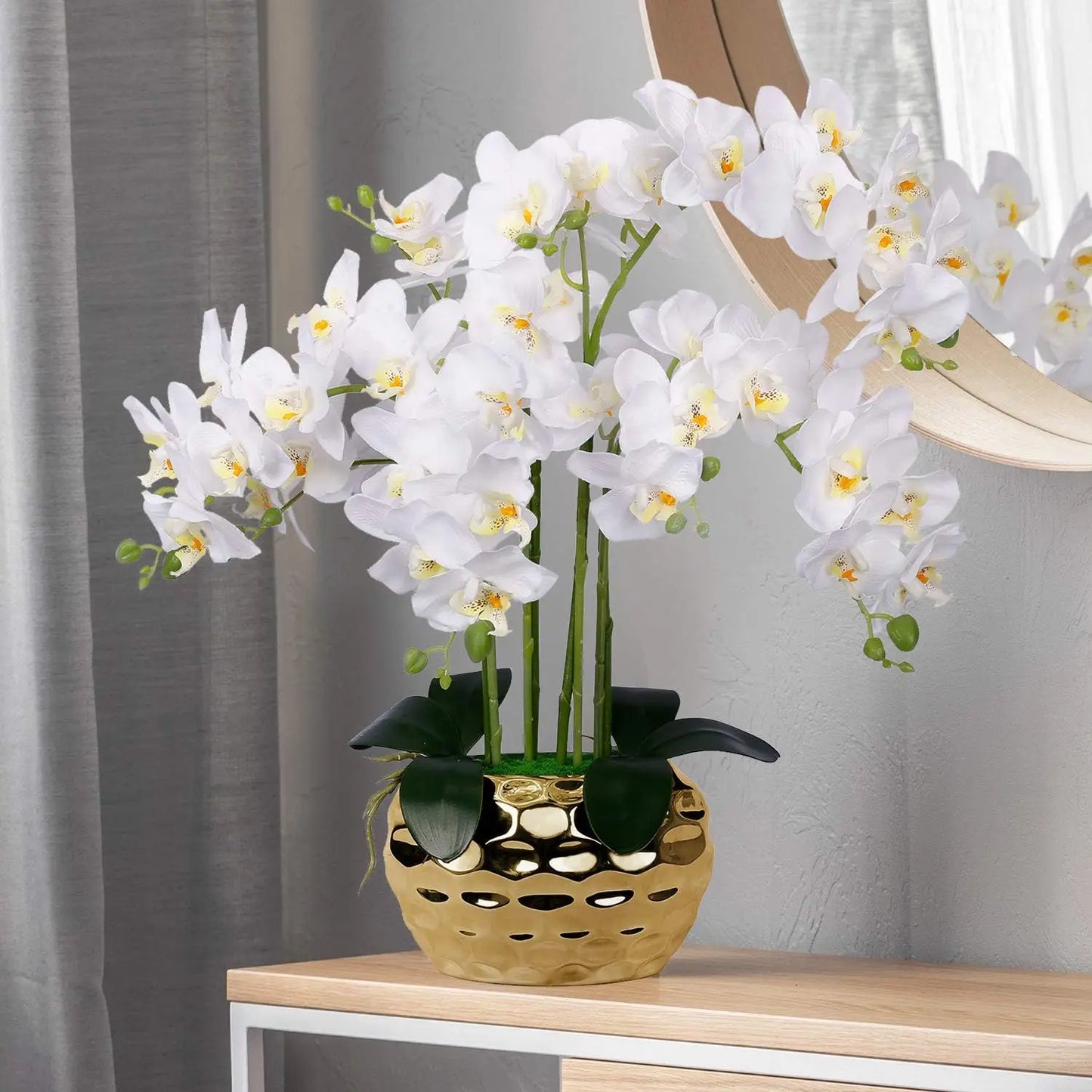 Artificial Orchid in Gold Vase White Silk Faux Orchid Plant in Gold Pot Fake Flower Arrangement Flowers forDecoration Home Decor