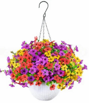 Fake Hanging Flowers With Basket -Artificial Flowers, Outdoor/Indoor Patio Lawn Decor,