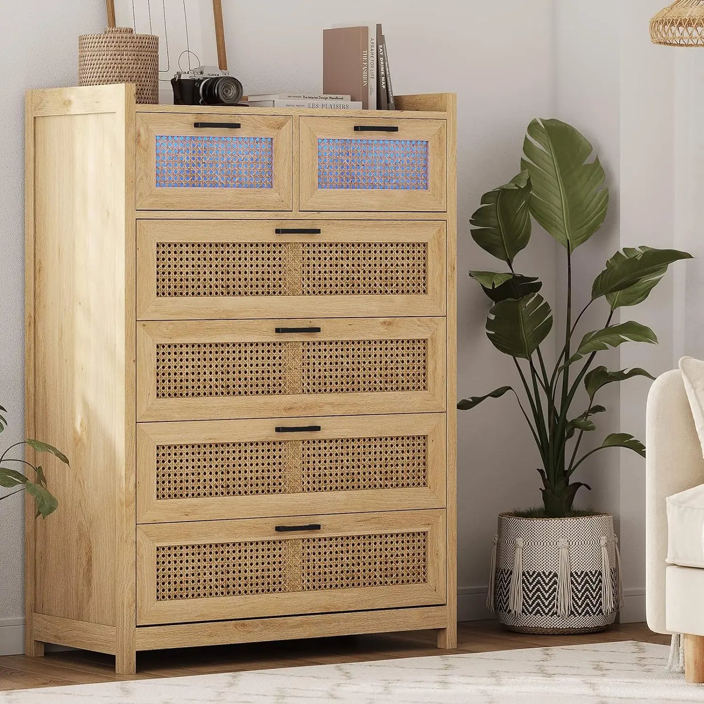 Bedroom, Rattan Wood Dressers with Led Light, Tall Dressers & Chests of Drawers, for Bedroom, Entryway