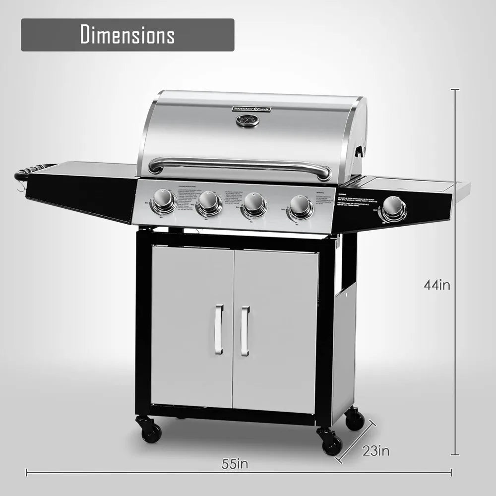 Gas Grill, BBQ 4-Burner Cabinet Style Grills Propane with Side Burner, Gas Grill