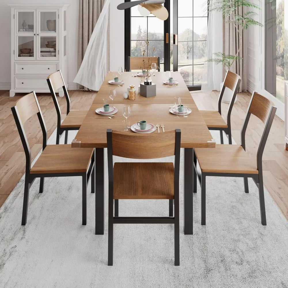 7-Piece Dining Room Table Set with 6 Chairs, 63" Extendable Dining Table & Chairs Set for 4-6, MDF Board & Metal Frame, Dinette
