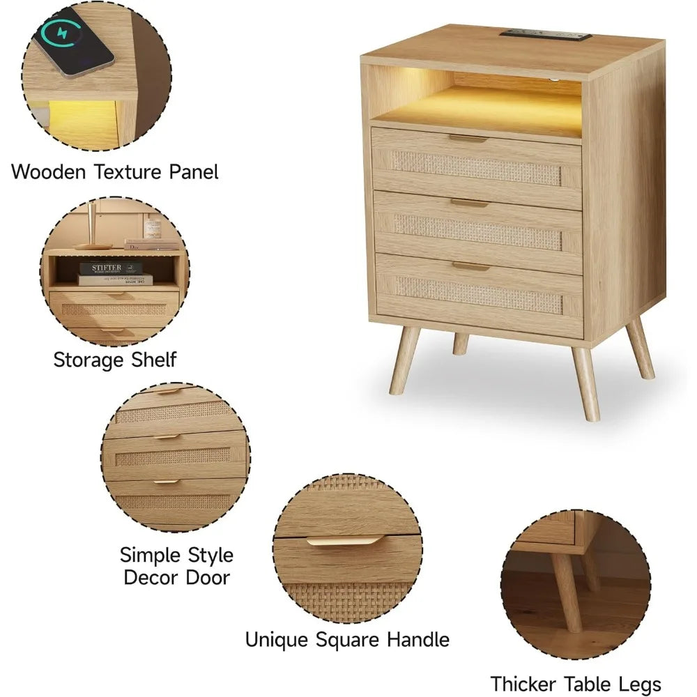 Rattan Nightstand with Charging Station USB Port Led Lights and 3 Storage Drawers, Bedroom Furniture Night Stand BedsideTable