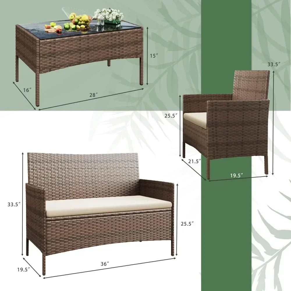Outdoor Sofa Set of 4 with Soft Cushion and Glass Table, Patio Furniture