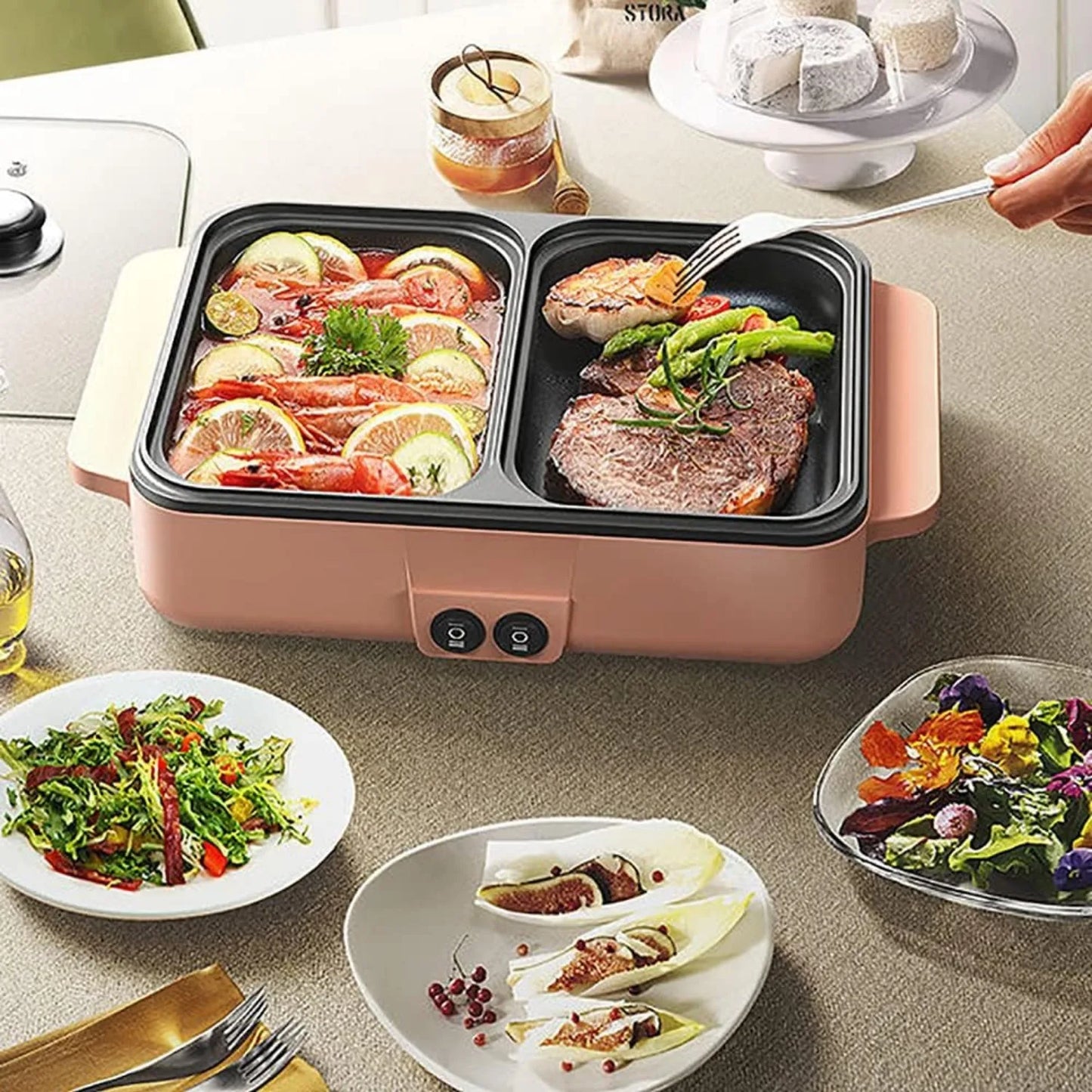 Electric Grill and Hot Pot, Smokeless Griddle, Portable Non-Stick Teppanyaki Pan, Ideal for Indoor/Outdoor Parties