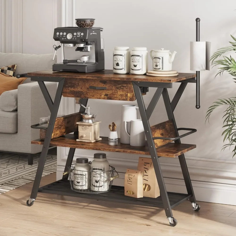 Coffee Bar Station, Kitchen Island Cart with Storage, Coffee Cart with Drawer, Paper Towel Holder