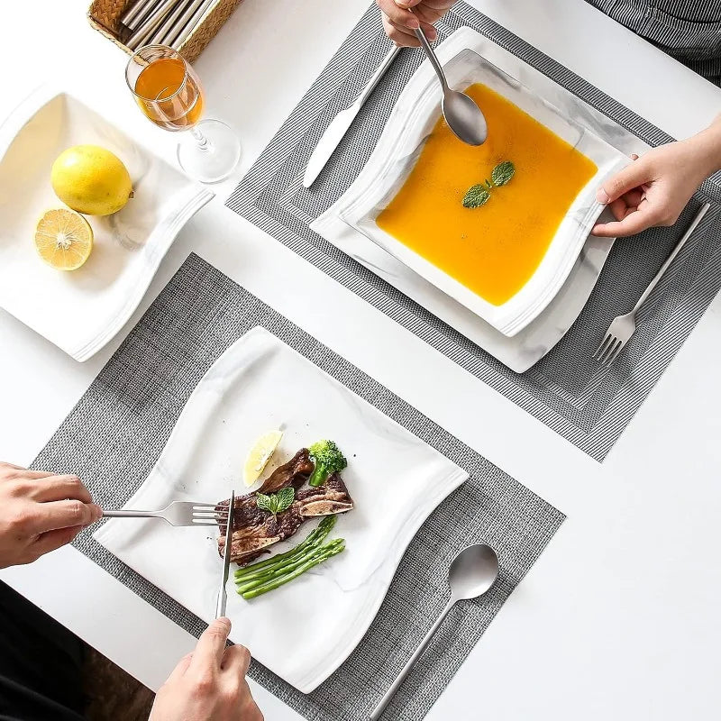 Porcelain Dinnerware Sets, Modern Square Dinner Set Plates and Bowls for Dessert, Salad and Pasta,
