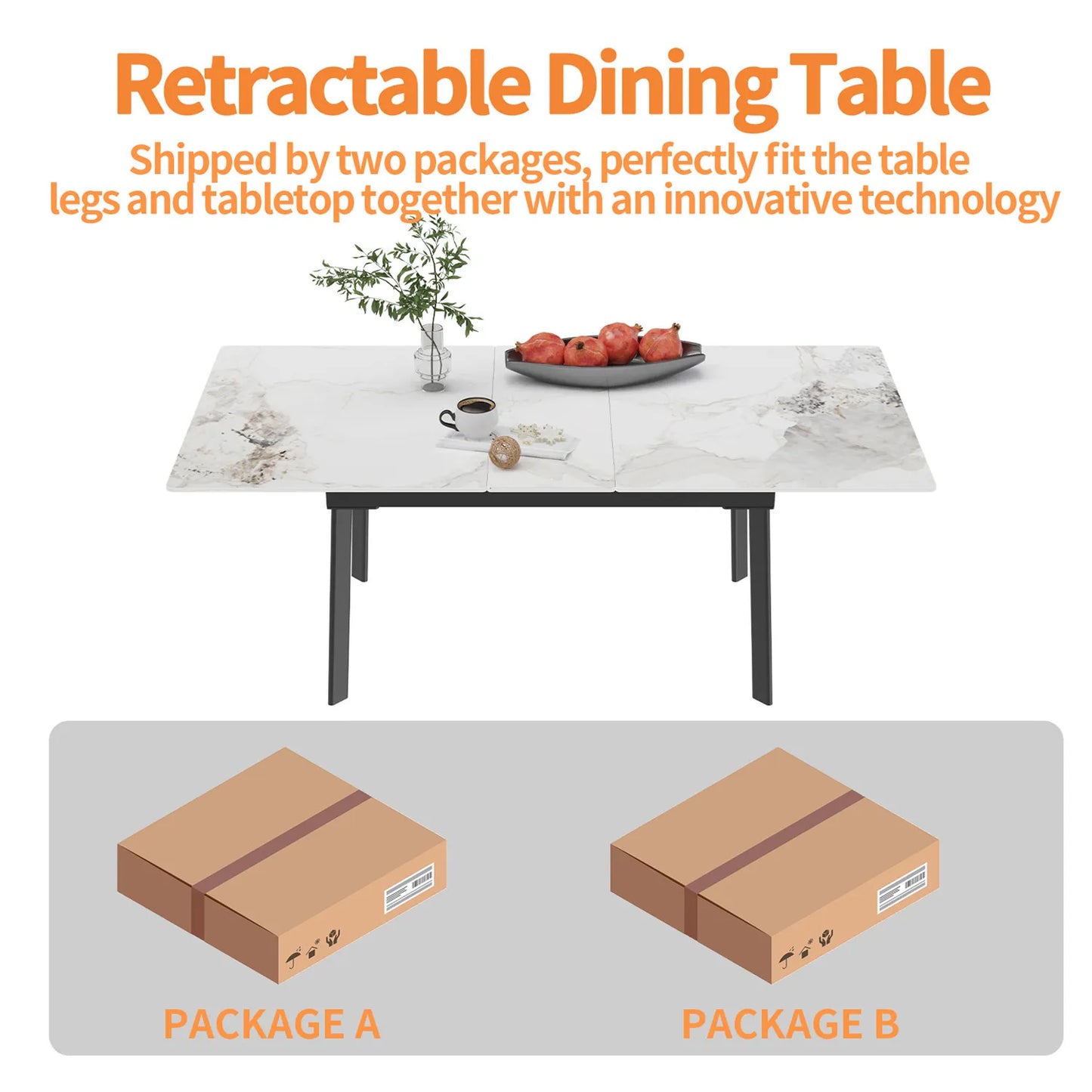 Extendable Kitchen Dining Table: Sintered Stone Retractable Table for 6-8 Person -