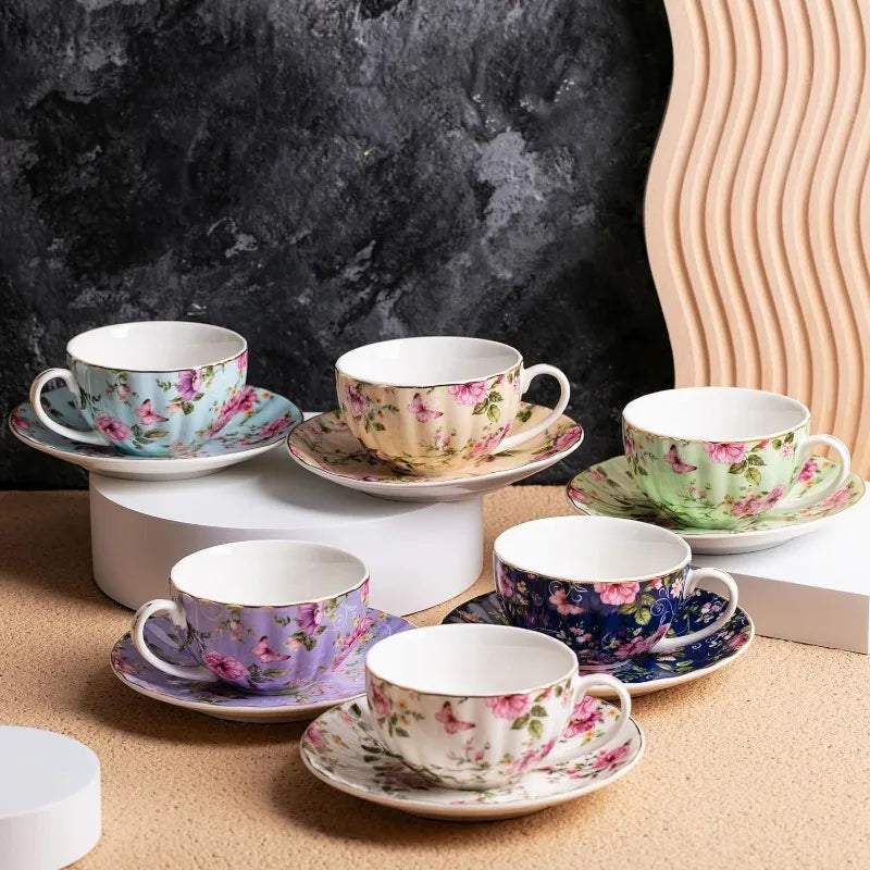 BTaT- Floral Tea Cups and Saucers, 7 oz, Tea Cups Set of 6, Porcelain Tea Cups, Cup & Saucer Sets, Cup Set of 6