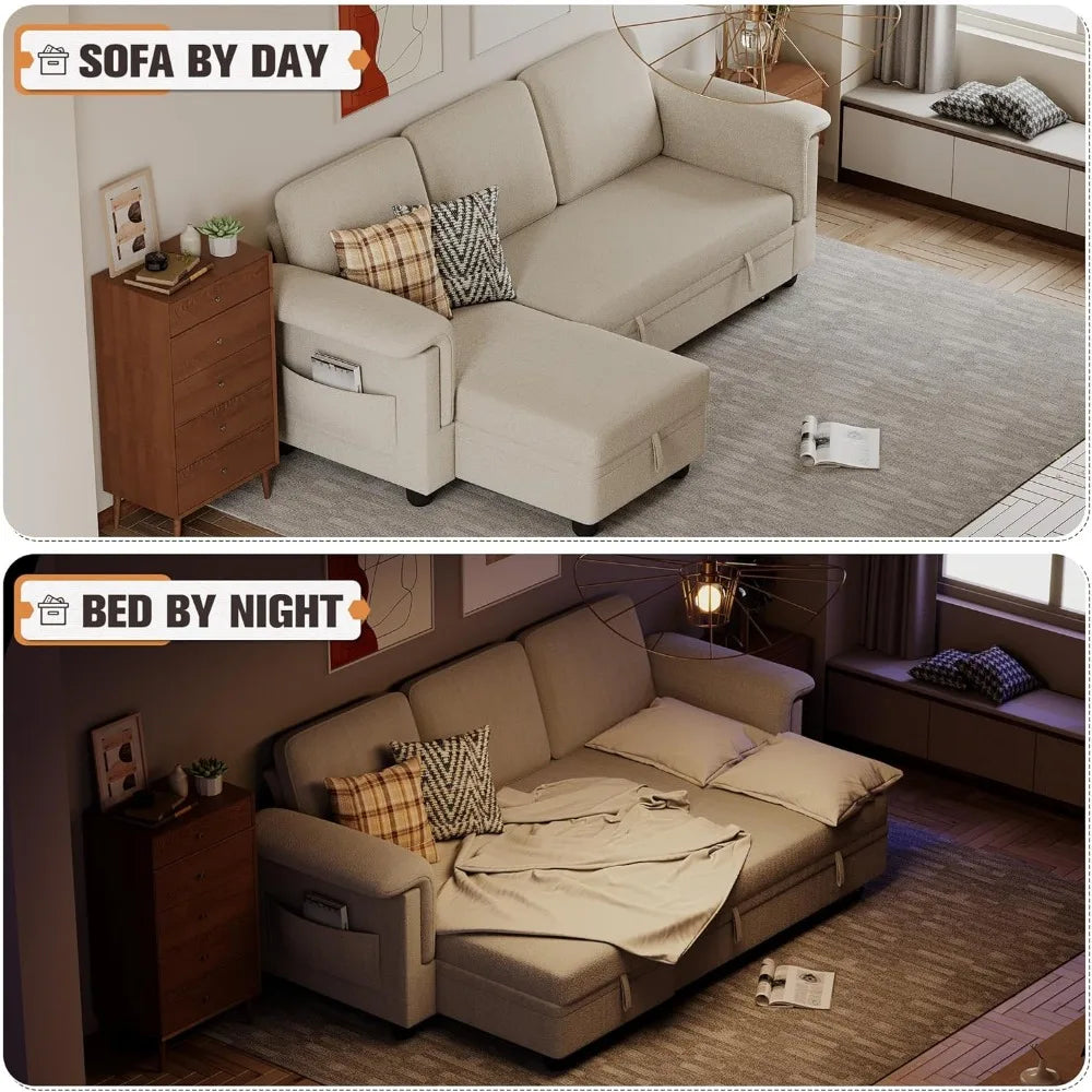Sleeper Sofa L-Shaped Pull Out Sofa Bed with Storage Space Convertible Sectional Couches for Living Room/Bedroom/Office/