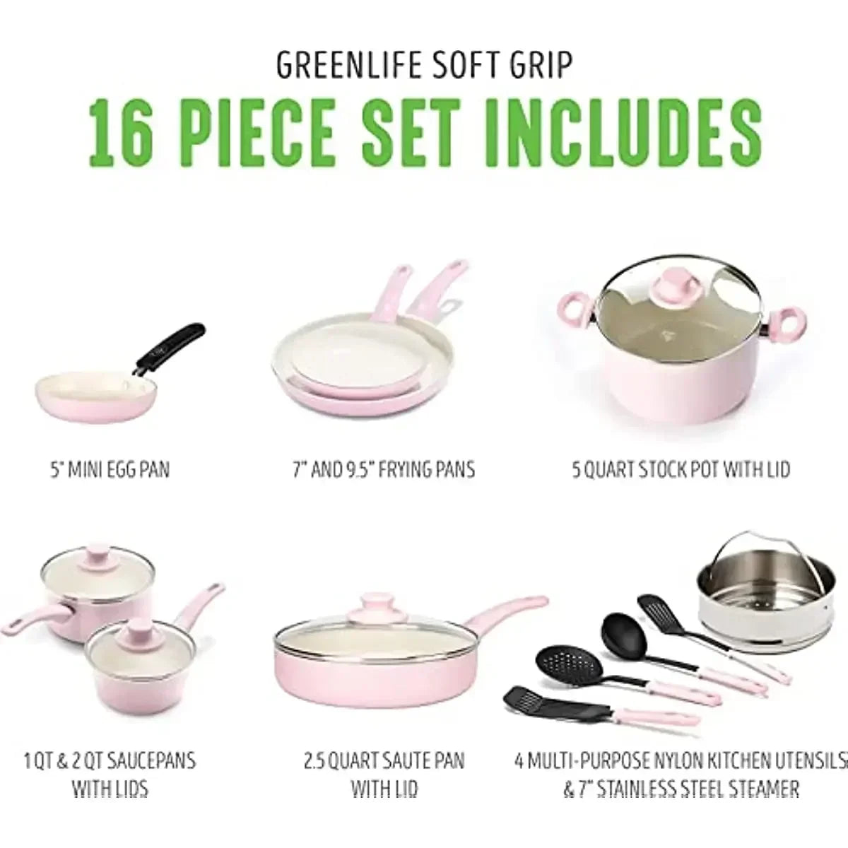 Soft Grip Healthy Ceramic Nonstick, 16 Piece Cookware Pots and Pans Set,