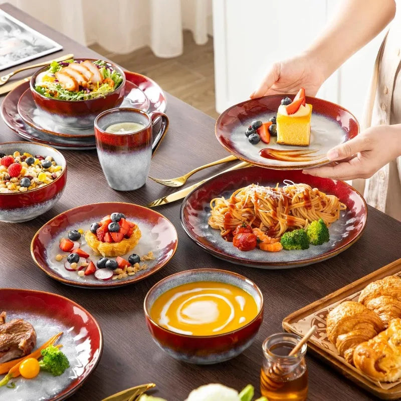 Red Dinnerware Set, Reactive Glaze Dinner Sets, Plates and Bowls Set for 4, 16 Pcs Ceramic Dish Set Stoneware
