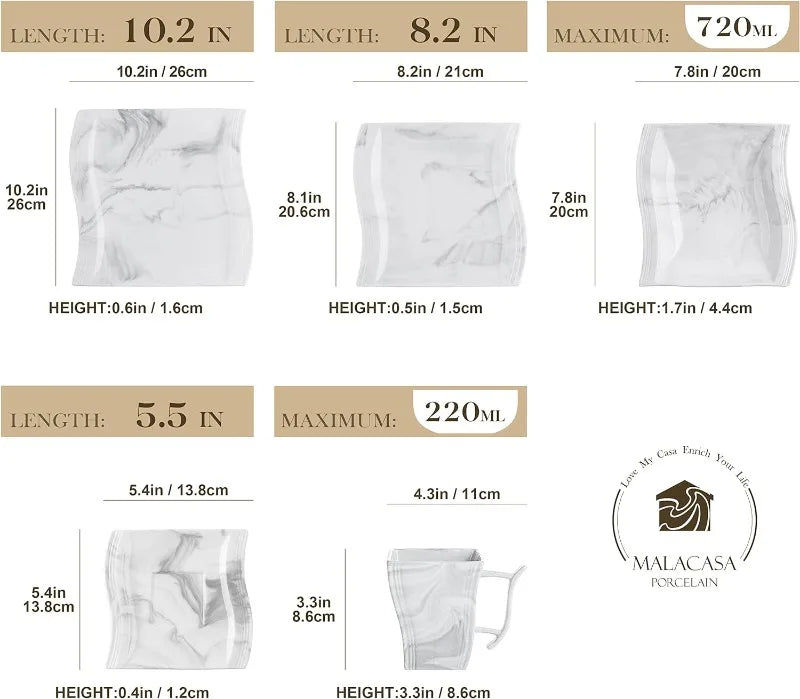 Porcelain Dinnerware Sets, Modern Square Dinner Set Plates and Bowls for Dessert, Salad and Pasta,