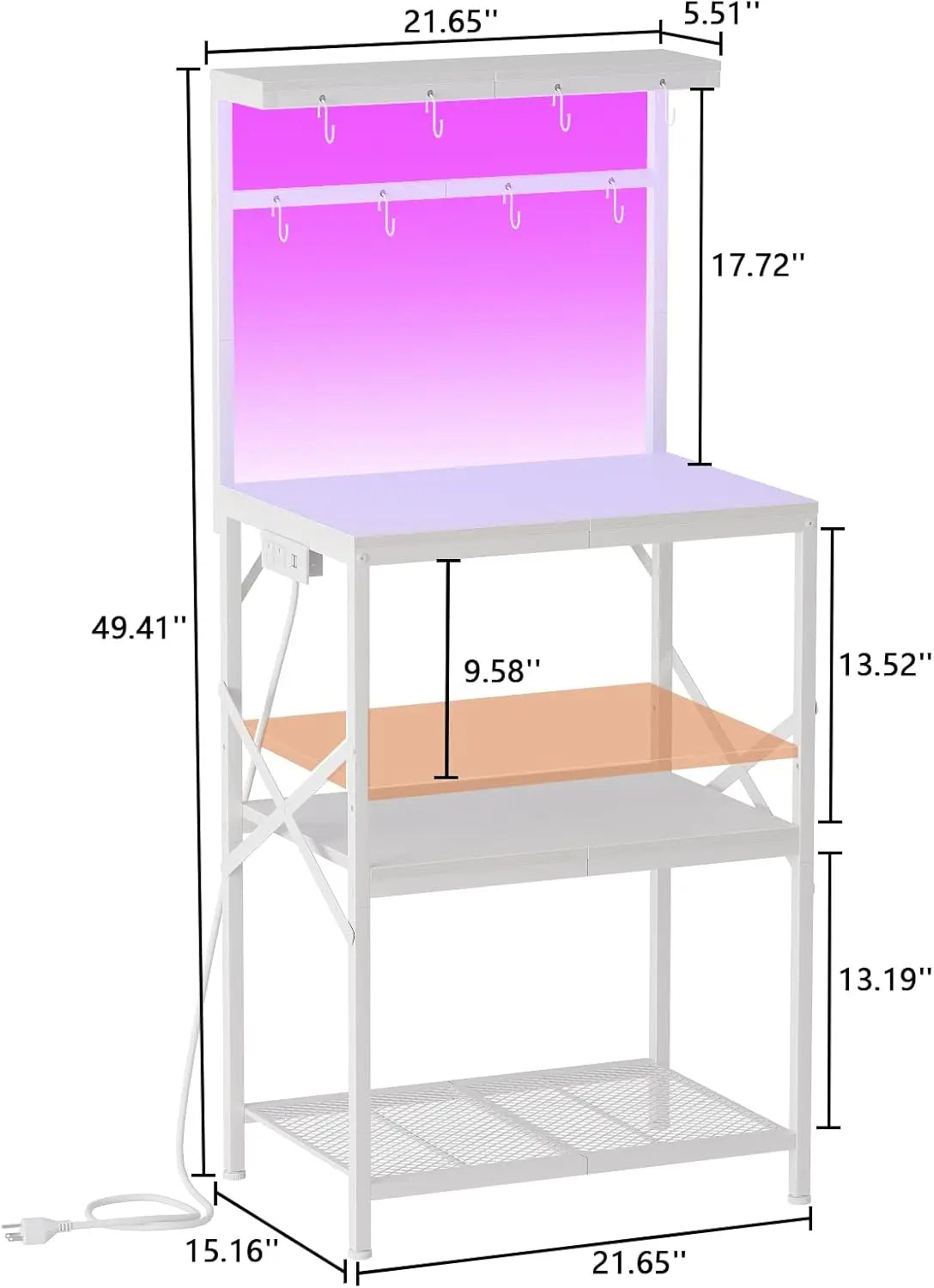 Kitchen Bakers Rack with Power Outlet & LED Lights 4 Tiers Microwave Stand with 8 Hooks Coffee Station