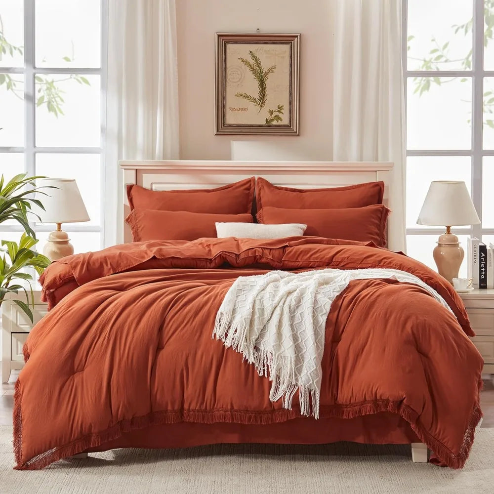King Size Comforter Set with Sheets Burnt Orange - 7 Pieces Bed in a Bag Boho Soft Lightweight