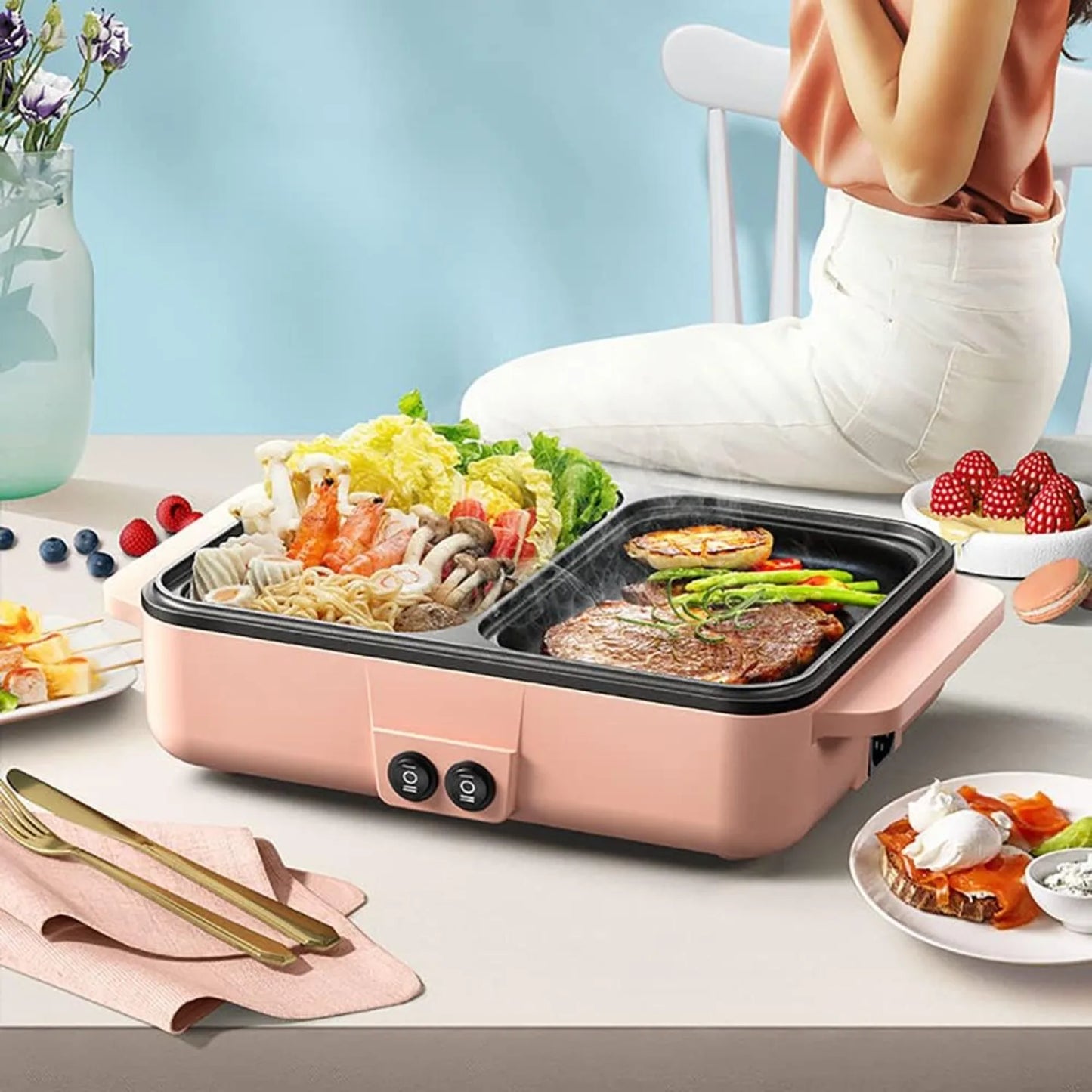 Electric Grill and Hot Pot, Smokeless Griddle, Portable Non-Stick Teppanyaki Pan, Ideal for Indoor/Outdoor Parties