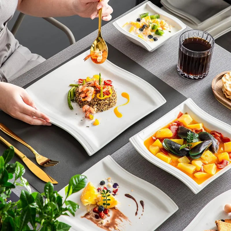 Porcelain Dinnerware Sets, Modern Square Dinner Set Plates and Bowls for Dessert, Salad and Pasta,