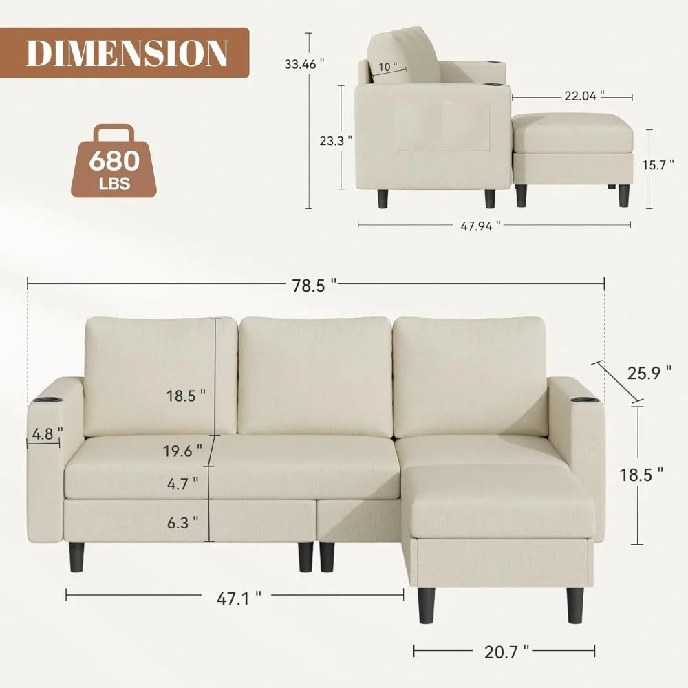 ' L Shaped 3-seat Sofa for Living Room, Apartment, Lounge, Bedroom-Washable Covers Con