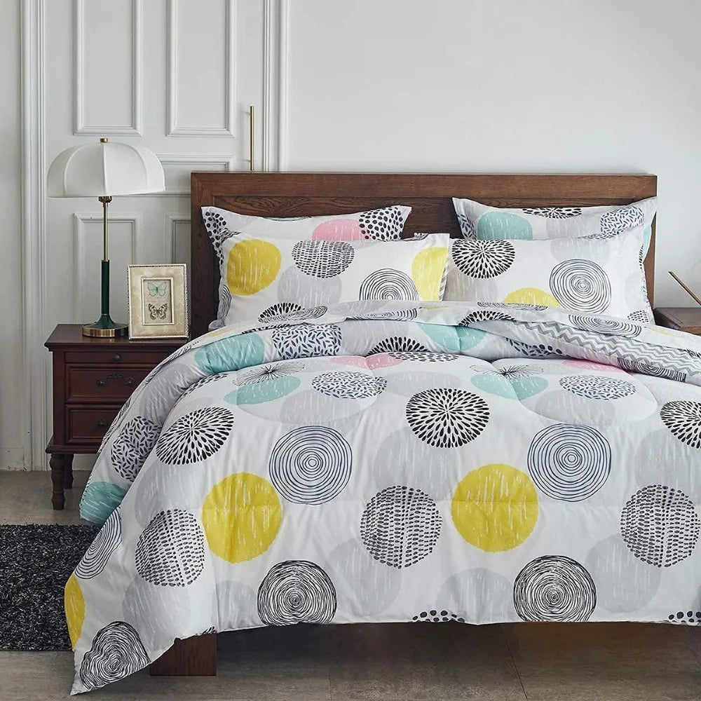 Comforter Sheet Set Queen Size Bed in a Bag - Colorful Dots Style - Soft Microfiber, Spring Soft Duvet Cover Set