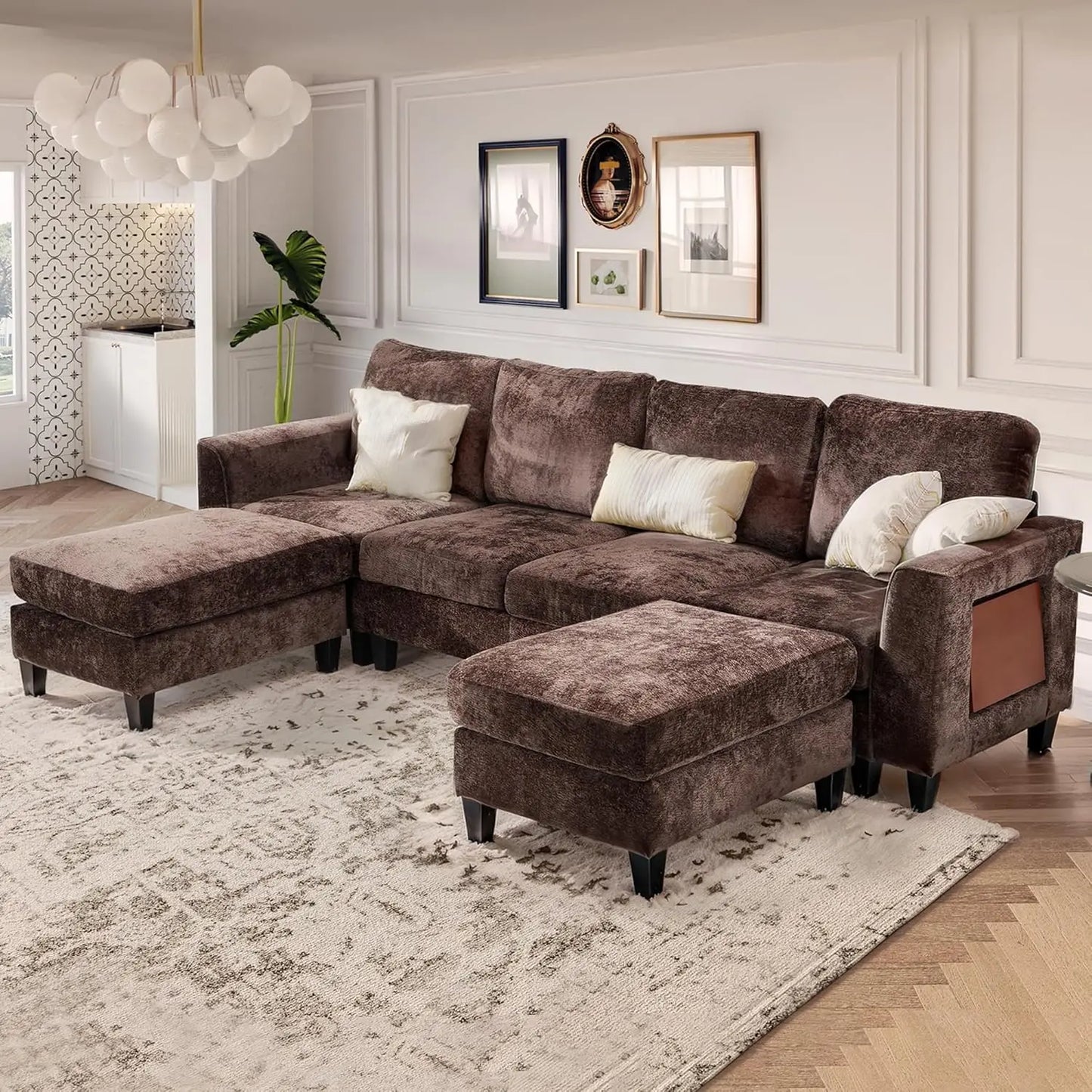 118" U Shaped Sectional Couches,4 Seat Modular Sofa with 2 Ottoman and Foldable Side Table for Living Room,Grey
