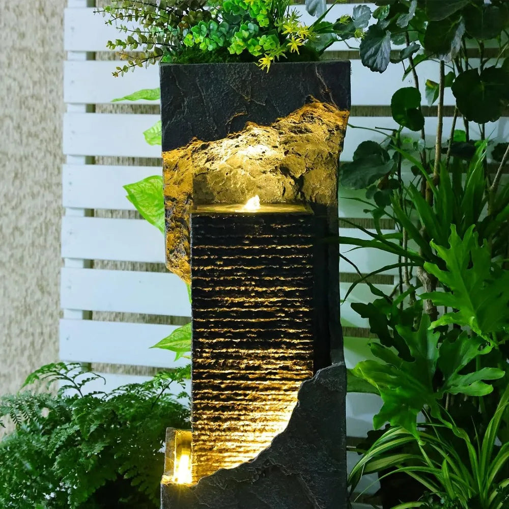 Modern Water Fountain Outdoor 35.4 inches Floor Standing Outdoor Fountain with LED Lights